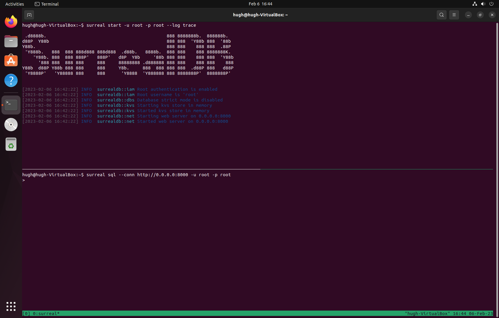 Screenshot of tmux terminal where SurrealDB is launched in top panel and surreal REPL is in the bottom panel